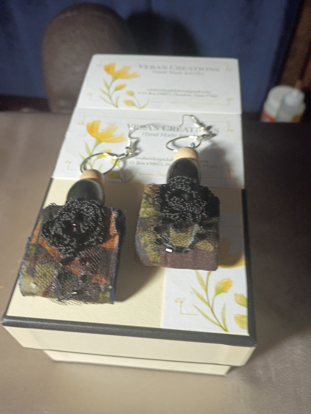 Handcrafted Black Floral Fabric Drop Earrings